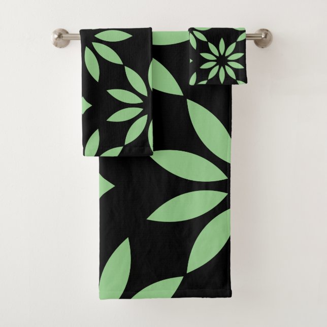 Sage and black Green Big Flowers Bath Towel Set (Insitu)