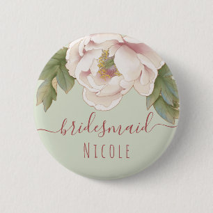 Sage and Blush Pink Peony Floral Bridesmaid  2 Inch Round Button