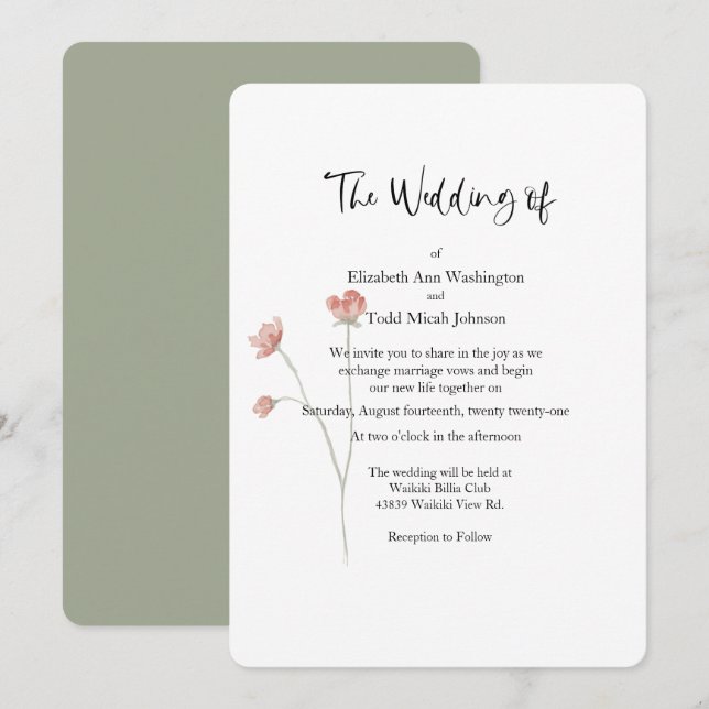 Sage and Blush Watercolor Wedding Invitation (Front/Back)