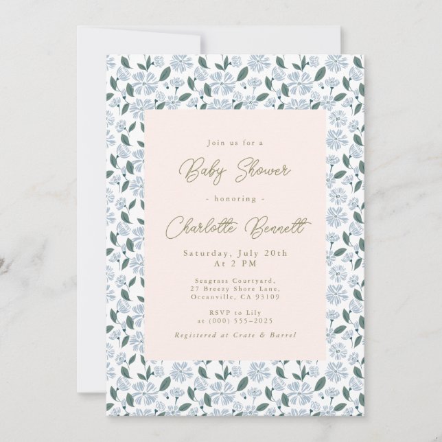 Sage and Dusty Blue Bloom Floral Baby Shower Invitation (Front)