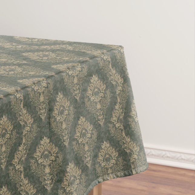 Sage and Gold Damask Tablecloth (In Situ)