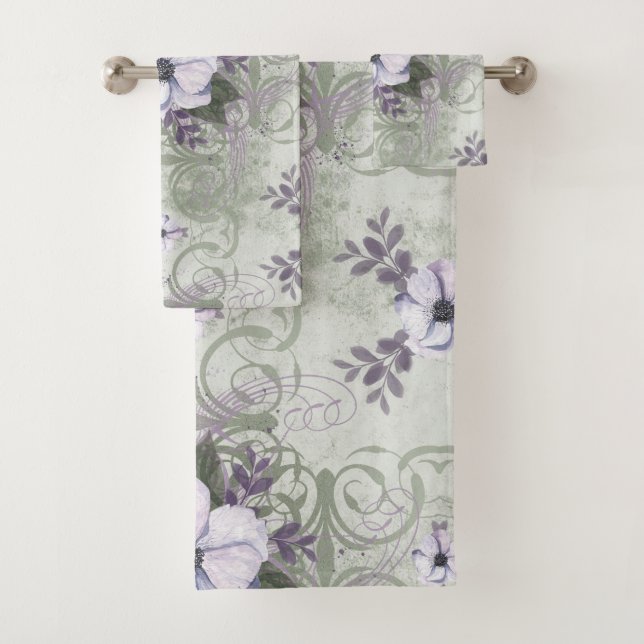 Sage and Lavender Floral Bathroom Towel Set (Insitu)
