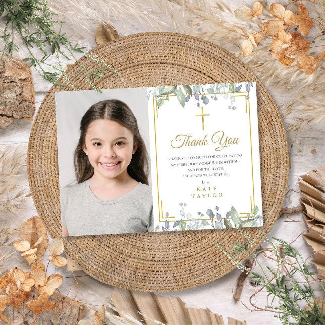 Sage and Lilac Floral First Holy Communion Photo Thank You Card (Sage and Lilac Floral First Holy Communion Photo Thank You Card)