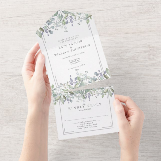 Sage And Lilac Floral Monogram Wedding All In One Invitation (Tearaway)