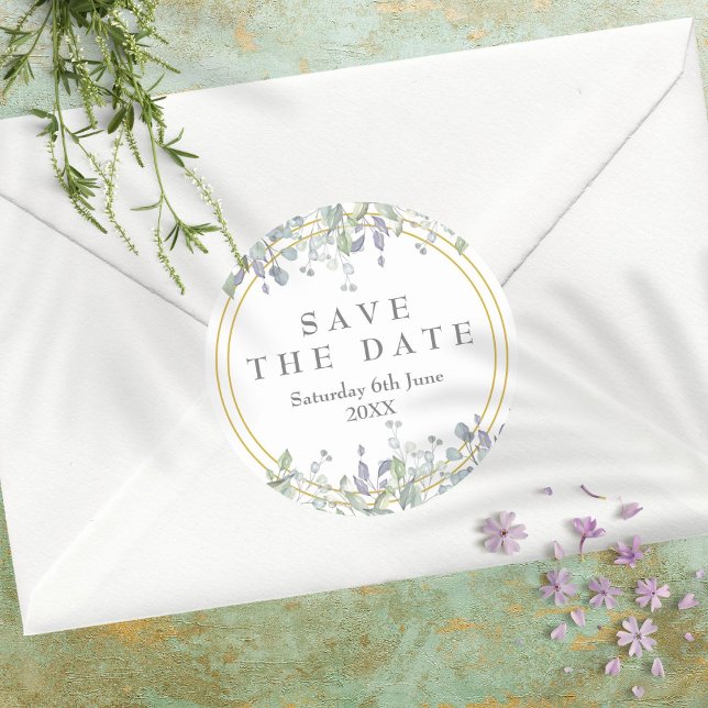 Sage and Lilac Floral Save the Date Favour Classic Round Sticker (Creator Uploaded)