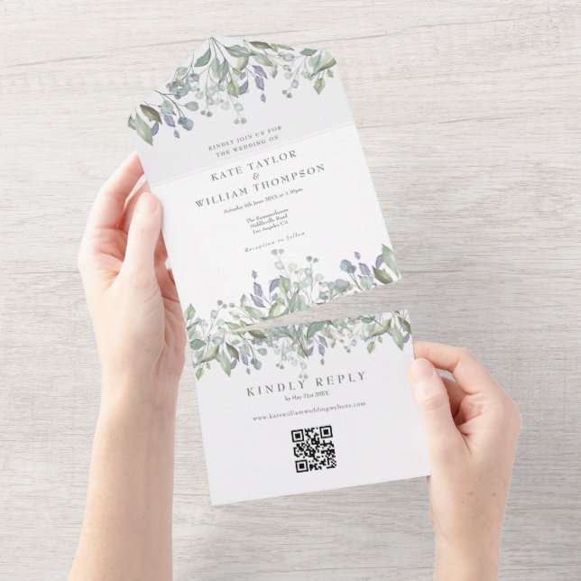 Sage And Lilac Greenery QR Code Monogram Wedding All In One Invitation (Tearaway)