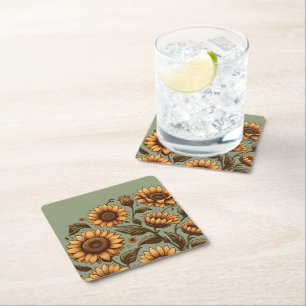 Sage and Sunflowers Square Paper Coaster