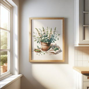 Sage and Sweet Pea Flowers in Clay Pot Poster