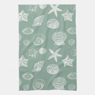 Sage and White Sea Shells Kitchen Towel