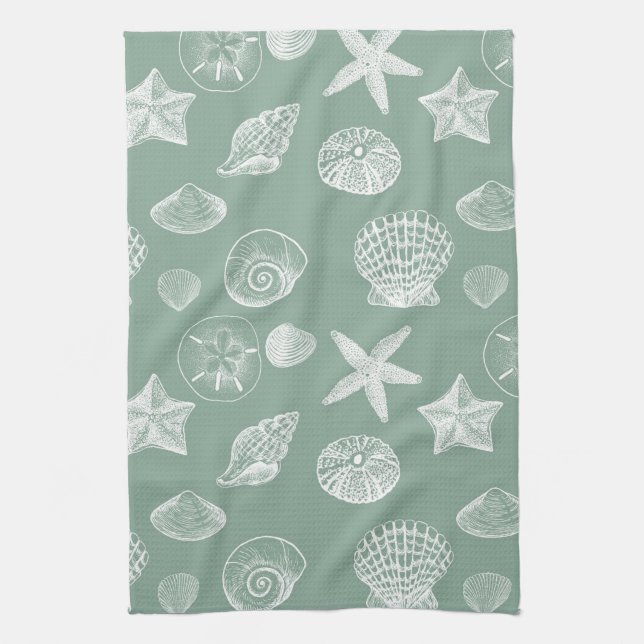 Sage and White Sea Shells Kitchen Towel (Vertical)