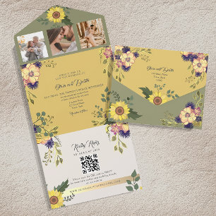 Sage and Yellow Sunflower Wedding All In One Invitation