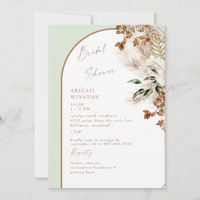 Sage Arch Pampas Boho Invitation de douche nuptial (Devant)