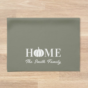 Sage Autumn Home White Pumpkin Custom Family Name Kitchen Towel