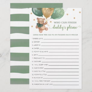 Sage Baby Shower Daddy's Phrase Game Teddy Bear 