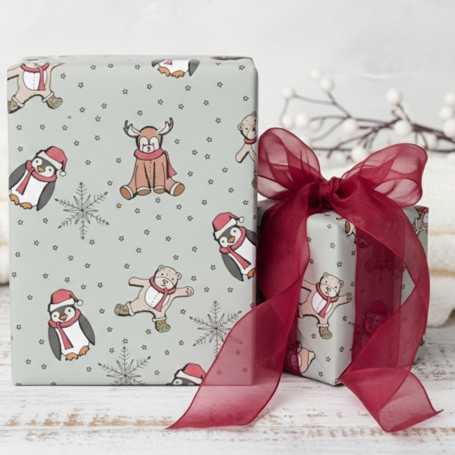 Sage Babys First Christmas Winter Animals Wrapping Paper (Sage Winter Stuffed Animals, Snowflakes, Polka Dots Pattern Gender Neutral Xmas Gift Wrap for Kids)