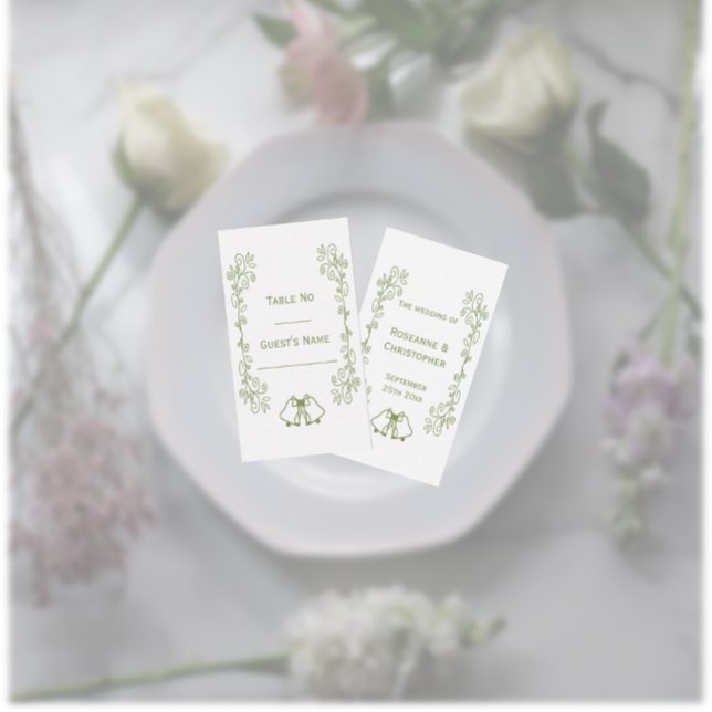 Sage Bells Scrollwork Design Wedding Place Card (Sage wedding dinner place card bells and scrollwork design)