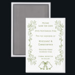 Sage Bells Scrollwork Wedding Save The Date Magnet<br><div class="desc">Wedding save the date magnet bells design. Customise this sage coloured wedding save the date magnet with your wedding details. Should you require any help with customising then contact us through the link on this page. Sage coloured bells design personalised wedding save the date magnet</div>
