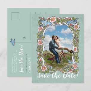 Sage Bird Floral Photo Country Rustic Save Date  Announcement Postcard
