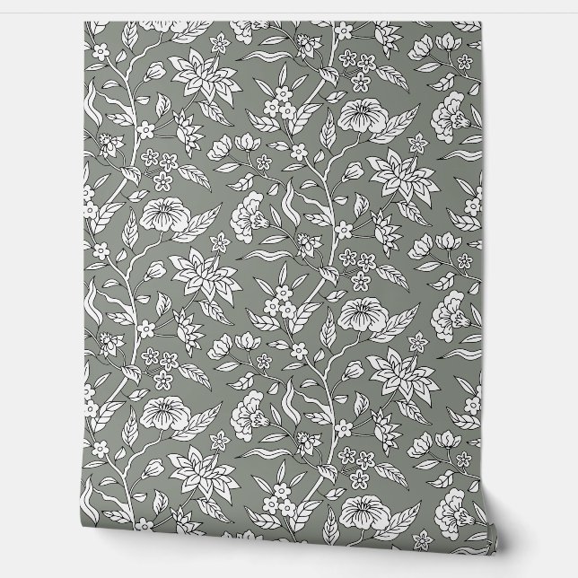 Sage, Black and White Floral Illustrated Pattern Wallpaper (Unrolling)