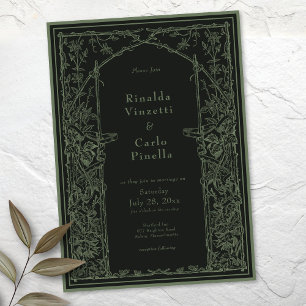 Sage Black Vintage Botanical Trellis Arch Wedding Invitation