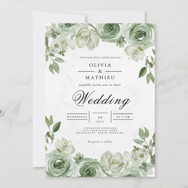 Sage Blossom Arch Wedding Invitation (Front)