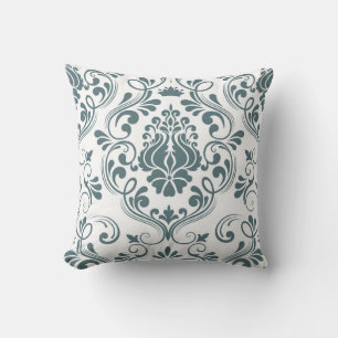 Sage Blue and White Damask Floral Pattern Elegant  Throw Pillow