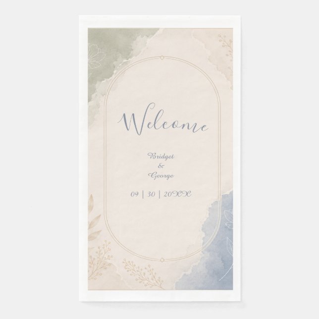 Sage Blue Botanical minimal Wedding Napkin (Front)