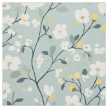 Sage Blue Cream Blossom Branch Pattern