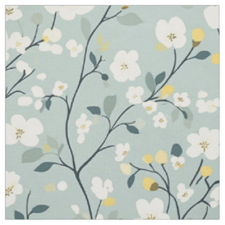 Sage Blue Cream Blossom Branch Pattern Fabric