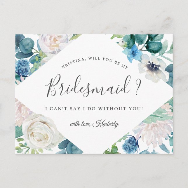 Sage Blue Floral Bridesmaid Proposal Postcard (Front)
