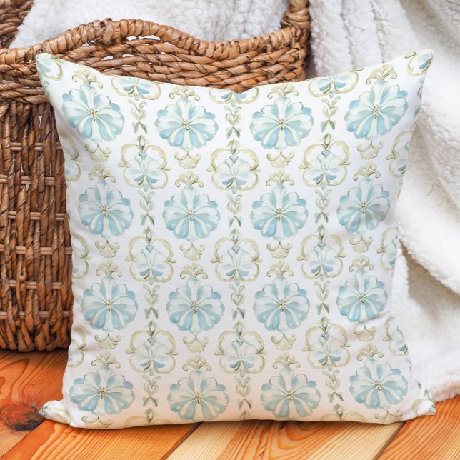 Sage Blue Ivory Floral Spring Summer Throw Pillow (Sage Blue Ivory Floral Spring Summer Throw Pillow)