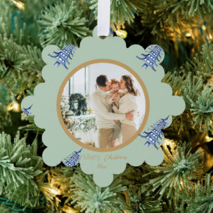 Sage Blue Pagoda Merry Christmas Tree 2-Photo Ornament Card