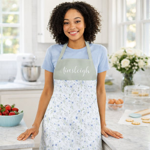 Sage Blue Watercolor Wildflower Floral Custom Name Apron