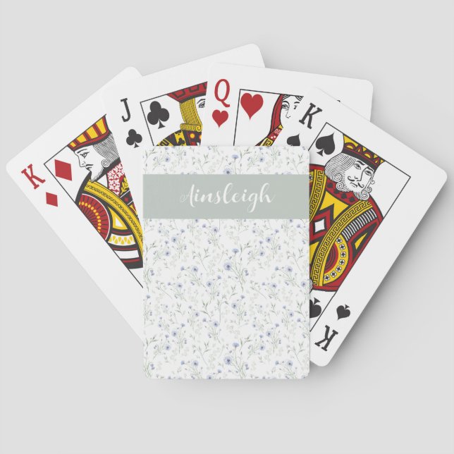 Sage Blue Watercolor Wildflower Monogram Name Playing Cards (Back)