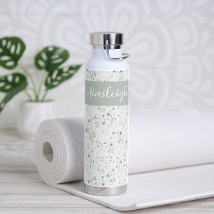 Sage Blue Watercolor Wildflower Monogram Name Water Bottle