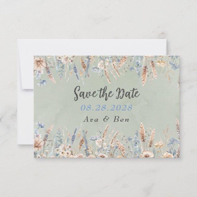 Sage Blue Wildflowers Wedding Save The Date Card (Front)