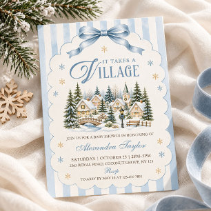 Sage Blue Winter Village Christmas Baby Shower Invitation