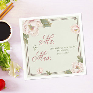 Sage & Blush Peony Floral Wedding Mr. and Mrs. Napkin