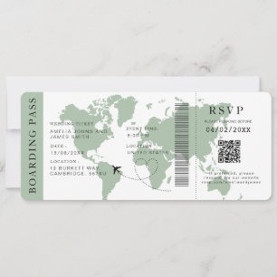 Sage Boarding Pass Destination wedding QR code Invitation