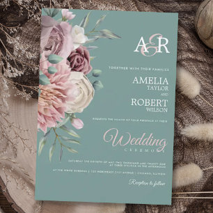Sage Boho Dusty Rose Watercolor Floral Wedding Inv Invitation