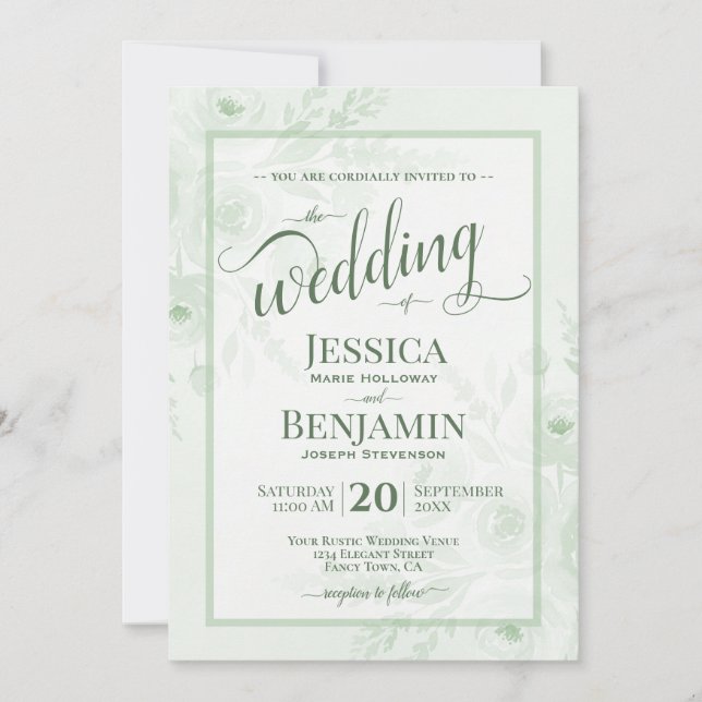 Sage Boho Floral Watercolor Stylish Script Wedding Invitation (Front)