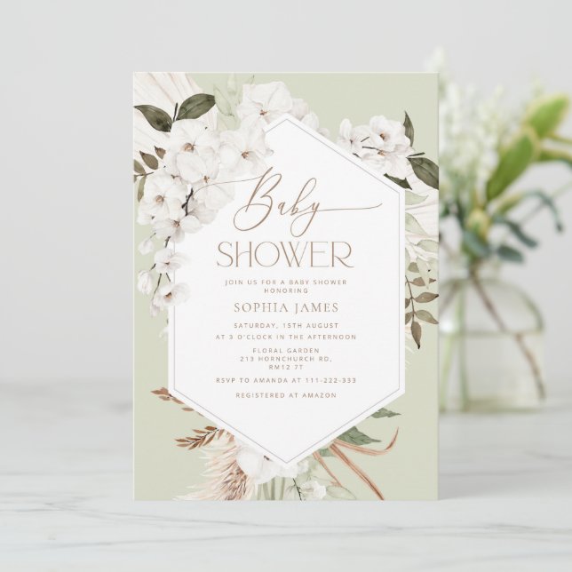 Sage boho pampas grass baby shower invitation (Standing Front)