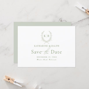 Sage Botaniacal Crest Monogram Save the Date Invitation