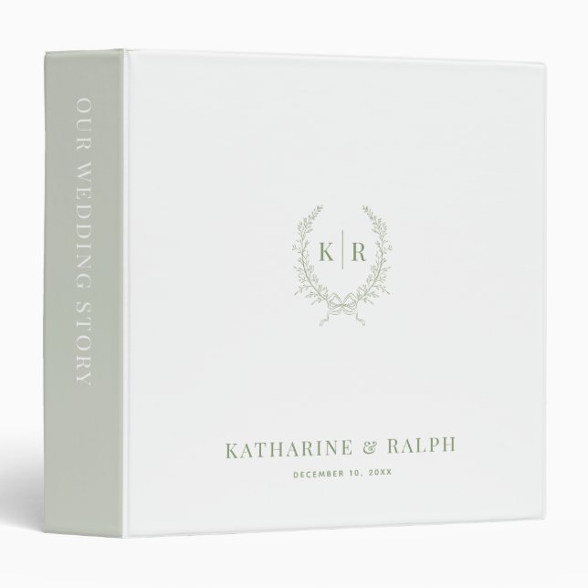 Sage Botaniacal & Ribbon Crest Monogram Wedding Binder (Front/Spine)