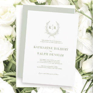 Sage Botaniacal & Ribbon Crest Monogram Wedding Invitation