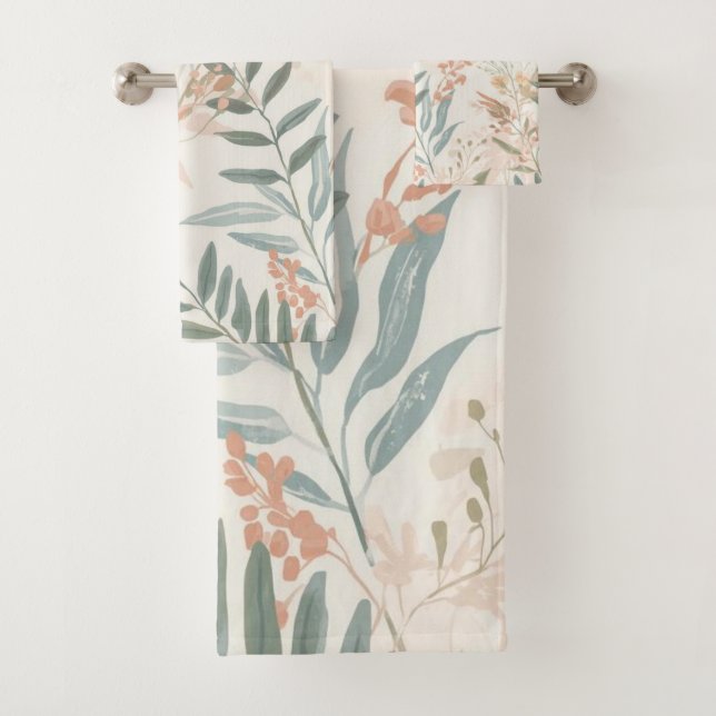 Sage Botanical Blush Leaf Watercolor Pattern Bath Towel Set (Insitu)