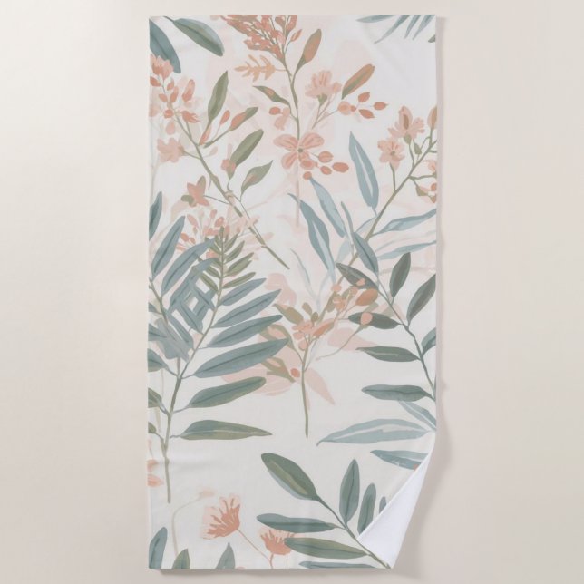 Sage Botanical Blush Leaf Watercolor Pattern Beach Towel (Front)