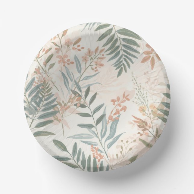 Sage Botanical Blush Leaf Watercolor Pattern Paper Plate (Front)