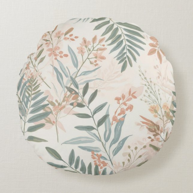 Sage Botanical Blush Leaf Watercolor Pattern Round Pillow (Front)