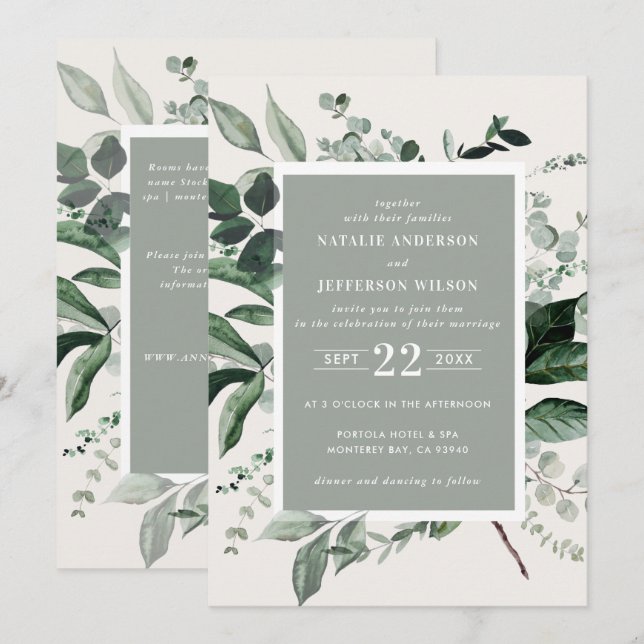 Sage botanical floral elegant wedding details QR Invitation (Front/Back)